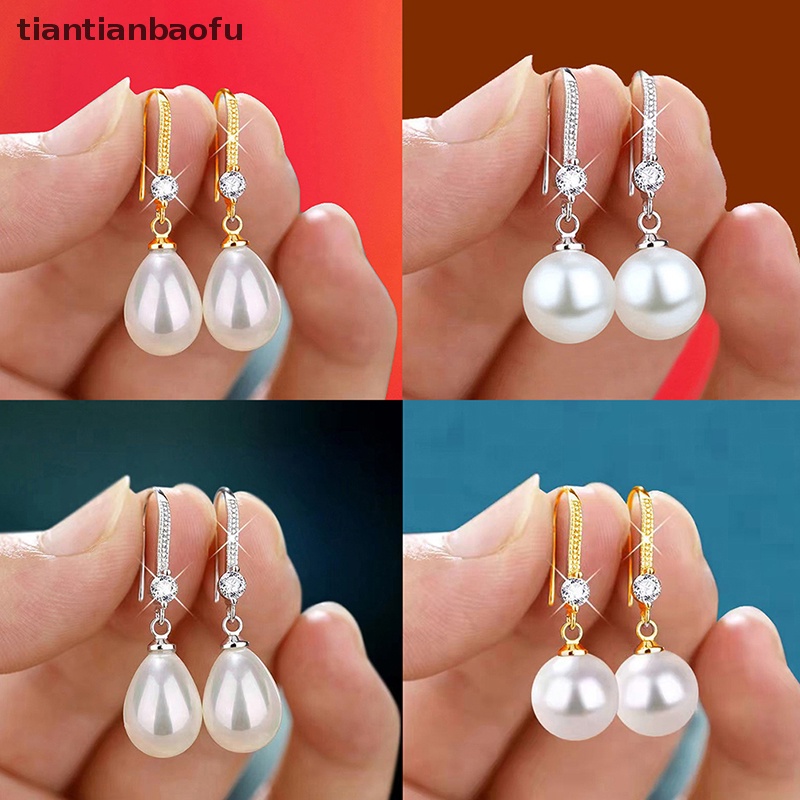 [tiantianbaofu] Perhiasan Wanita Tetesan Air Anting Mutiara Untuk Wanita Merah Putih Bulat Mutiara Oval Anting Pernikahan Pertunangan Valenes Hari Hadiah Butik