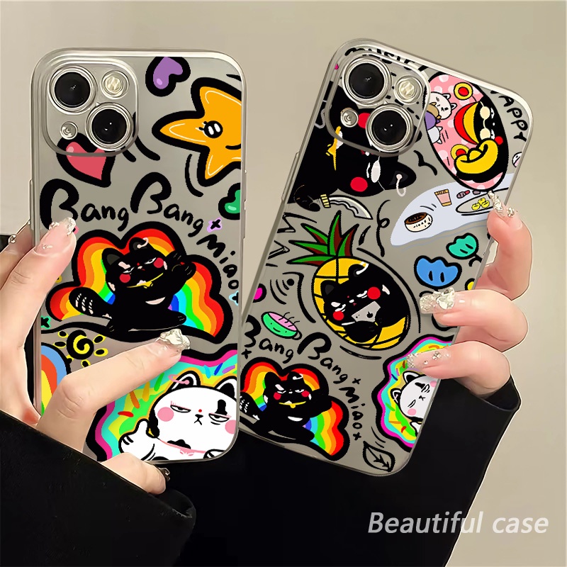 IPHONE Soft Electroplate Case Kompatibel Untuk Iphone14 13 12 11 Pro XS Max Casing Kucing Hitam XR X8 +7 6S Plus Mini TPU Silikon Shockproof Phone Cover