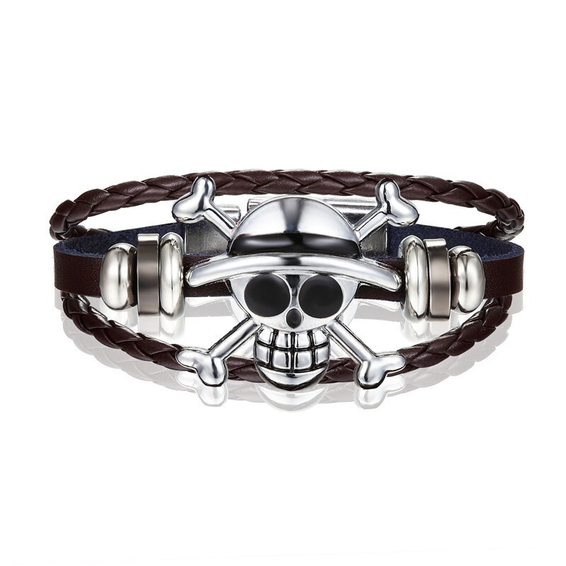 [X C Gelang] Mode Baru Animasi Raja Bajak Laut Peripheral Tengkorak Gelang Hitam Kulit Vintage Hip Hop Punk Gelang Kulit Cuffles Manik-Manik Multilayer Zinc Alloy Anyaman Gelang