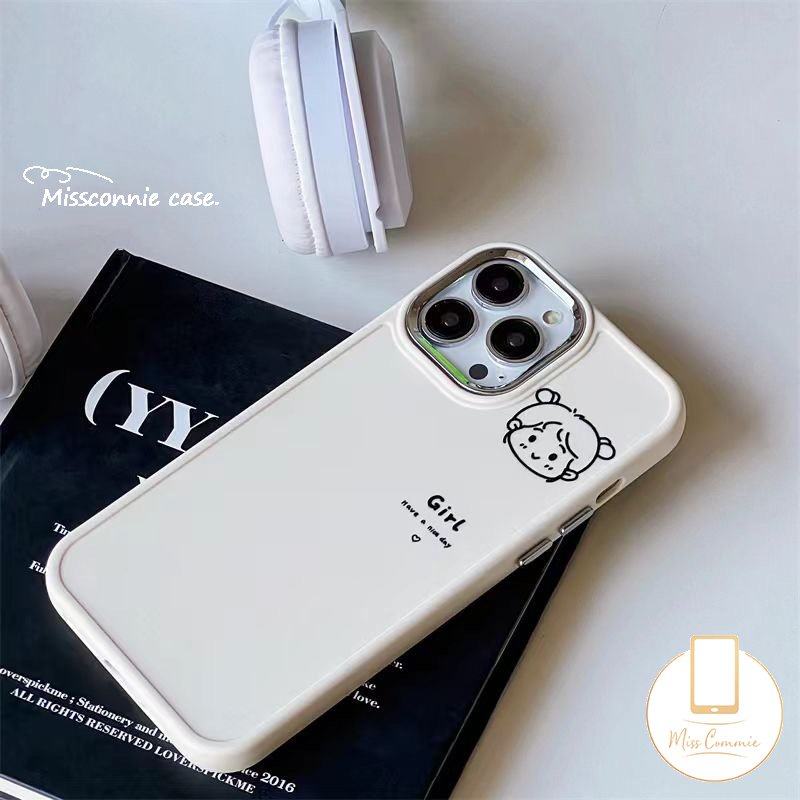 IPHONE Casing Ponsel Cowok Cewek Simple Lucu Kompatibel Untuk Iphone11 14 12 13 Pro Max7 8 Plus X XR 8plus XS MAX 7plus Pasangan Plating Bingkai Lensa Logam Lembut Tpu Penutup Belakang