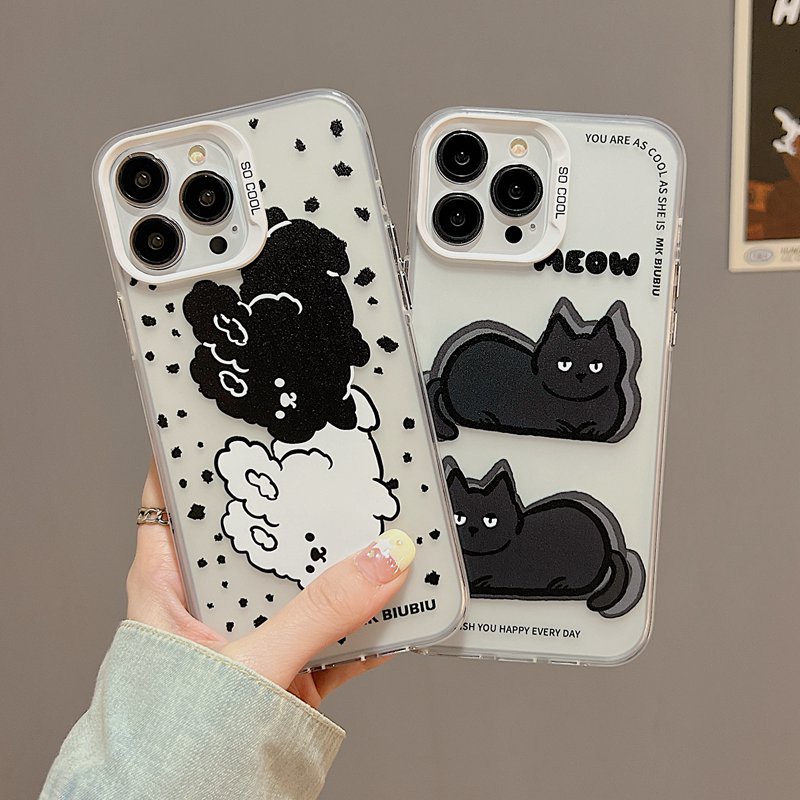 Black White Bunny Cat Skin Feel Soft Case HP iP iPhone 12 13 14 Pro Max 11 So Cool FTD Casing Apple