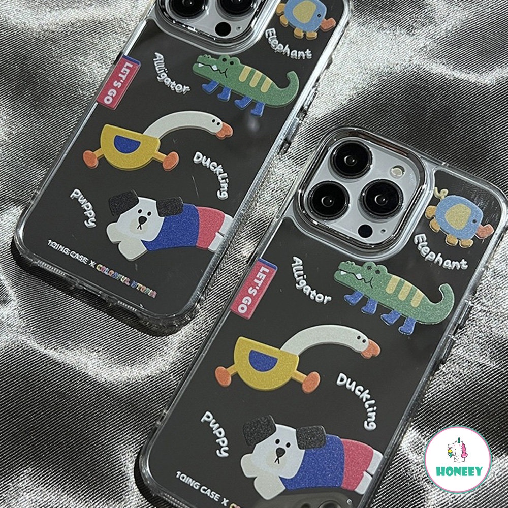 IPHONE Casing Kartun Hewan Yang Menyenangkan Untuk Iphone12 13 14 11 Pro Max Gajah Buaya Bebek Puppy Cermin Shockproof Penutup Belakang