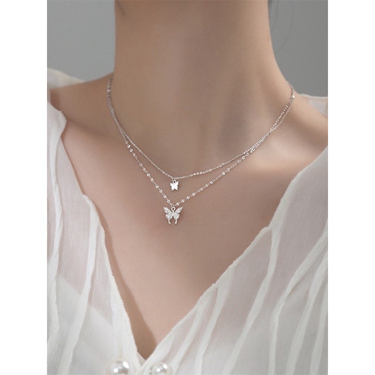 Ins Korea Double-layer Butterfly Necklace Bling Musim Panas Kalung Choker Rantai Tulang Selangka