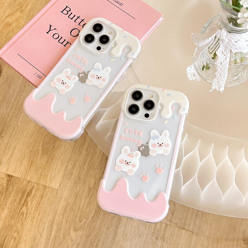 【3D Ice Cream】Summer 3D Soft Case IPhone XR XS Max 11 12 13 14 Pro Max 14 Plus for Women Girl Gift Cartoon Lovely Pin Rabbit Bunny