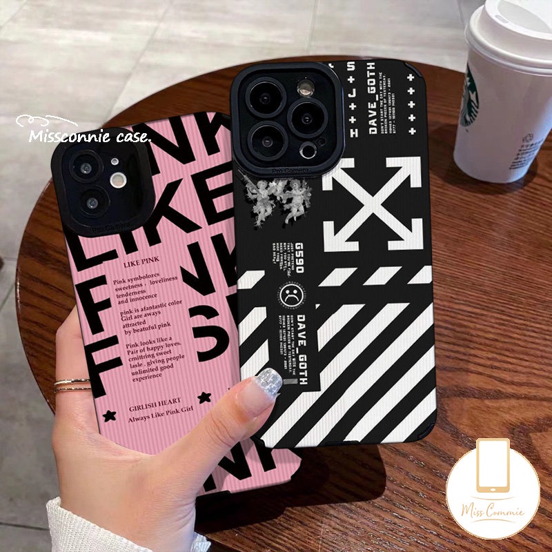 IPHONE Casing Ponsel Huruf Inggris Warna Pink Tekstur Kulit Mewah Untuk Iphone11 13 14 12 Pro Max XR 7 8 Plus X XS Max 7Plus Trendi Merek O.F.F-W.h.i.t.e Pola Splicing Kisi Lembut Tpu Cover