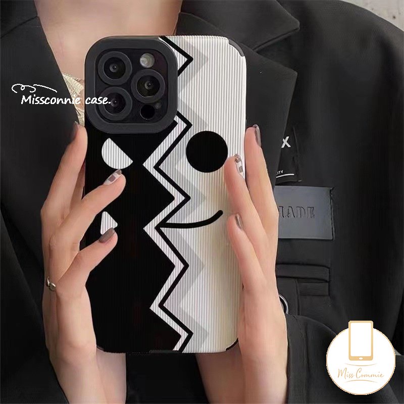 IPHONE Emoticon Lucu Tekstur Kulit Mewah Casing Ponsel Kompatibel Untuk Iphone11 12 14 13 Pro MAX XR 78 Plus X XS MAX Kartun Setan Wajah Hitam Dan Putih Soft Cover