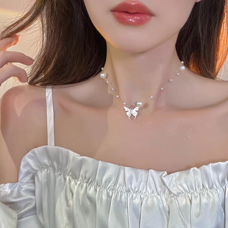 Papaozhu Korea Kecil Besar Mutiara Manik-Manik Rantai Kupu-Kupu Liontin Kalung Untuk Wanita Perempuan Elegan Pesona Tulang Selangka Chain Necklaces Fashion Perhiasan Aksesoris