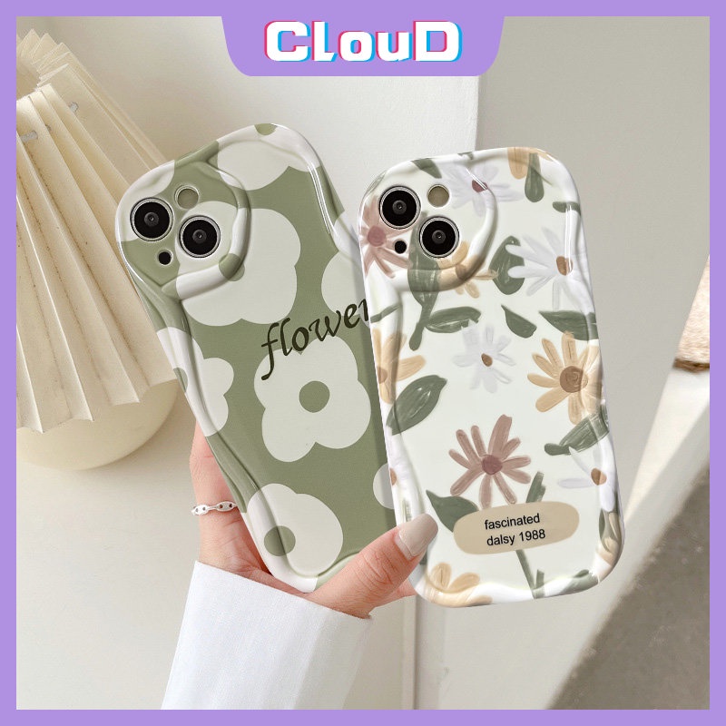 IPHONE Case Bunga Segar Kompatibel Untuk Iphone7 6 6s 8plus X XR 13 11 14 12 Pro Max XS Max 7Plus SE 2020 Lembut Tpu 3D Wavy Curved Edge Glossy Terpesona Daisy Floral Cover