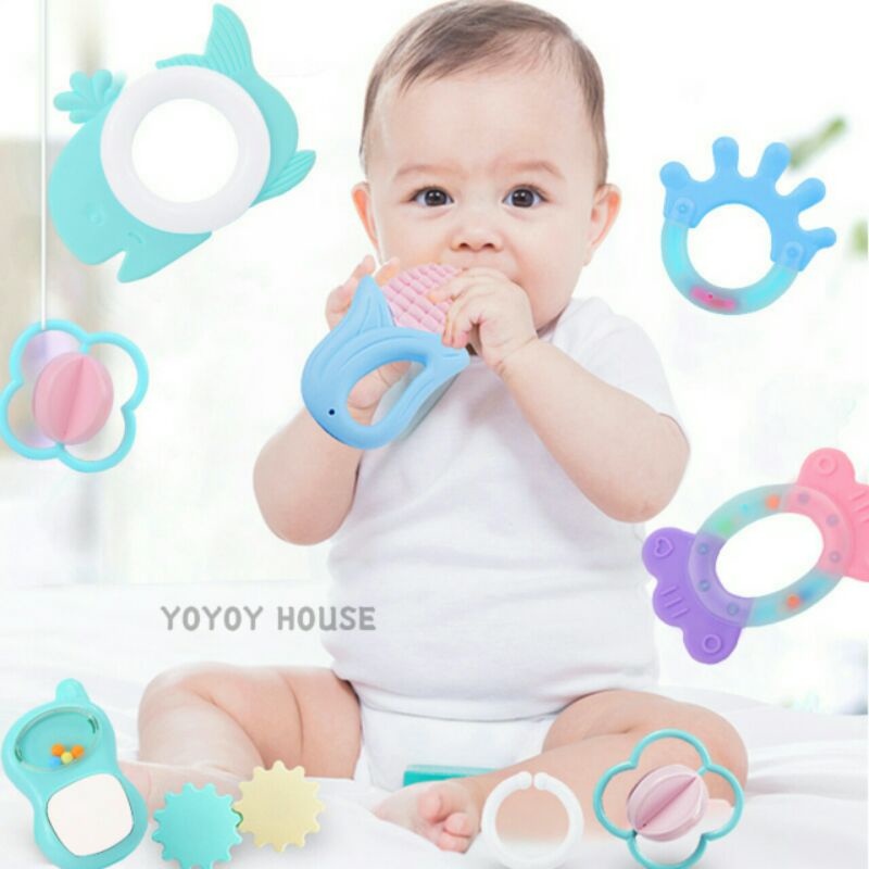 6pcs Mainan Genggam Tangan Mainan Sensorik Edukasi Anak Bayi Mainan Motorik Rattle Teether Baby Mainan Gigit Bayi karet lembut toy