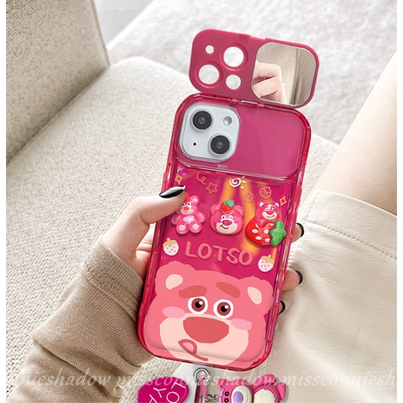 3d Mainan Kartun Strawberry Bear Cute Manyo Flip Make Up Mirror Case Untuk Oppo A12 A15 A15s A3s A5s A7 A57 A53 A9 A5 A31 A77 A35 A77S A11K A33 2020 Soft Cover Tahan Guncangan