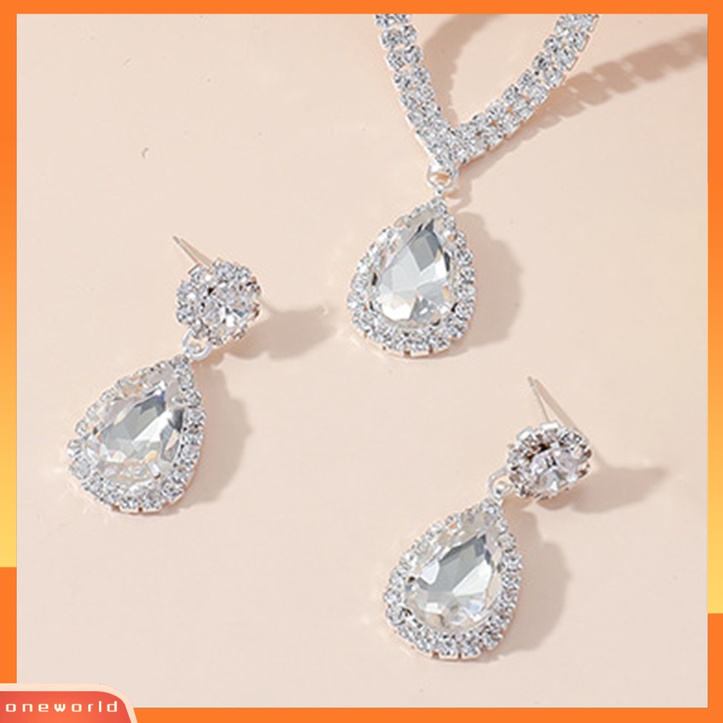 [ONE] 1set Wanita Kalung Tetesan Air Liontin Elegan Temperamen Mewah Berkilau Berlian Imitasi Menjuntai Anting Bangle Kit Perhiasan Pengantin