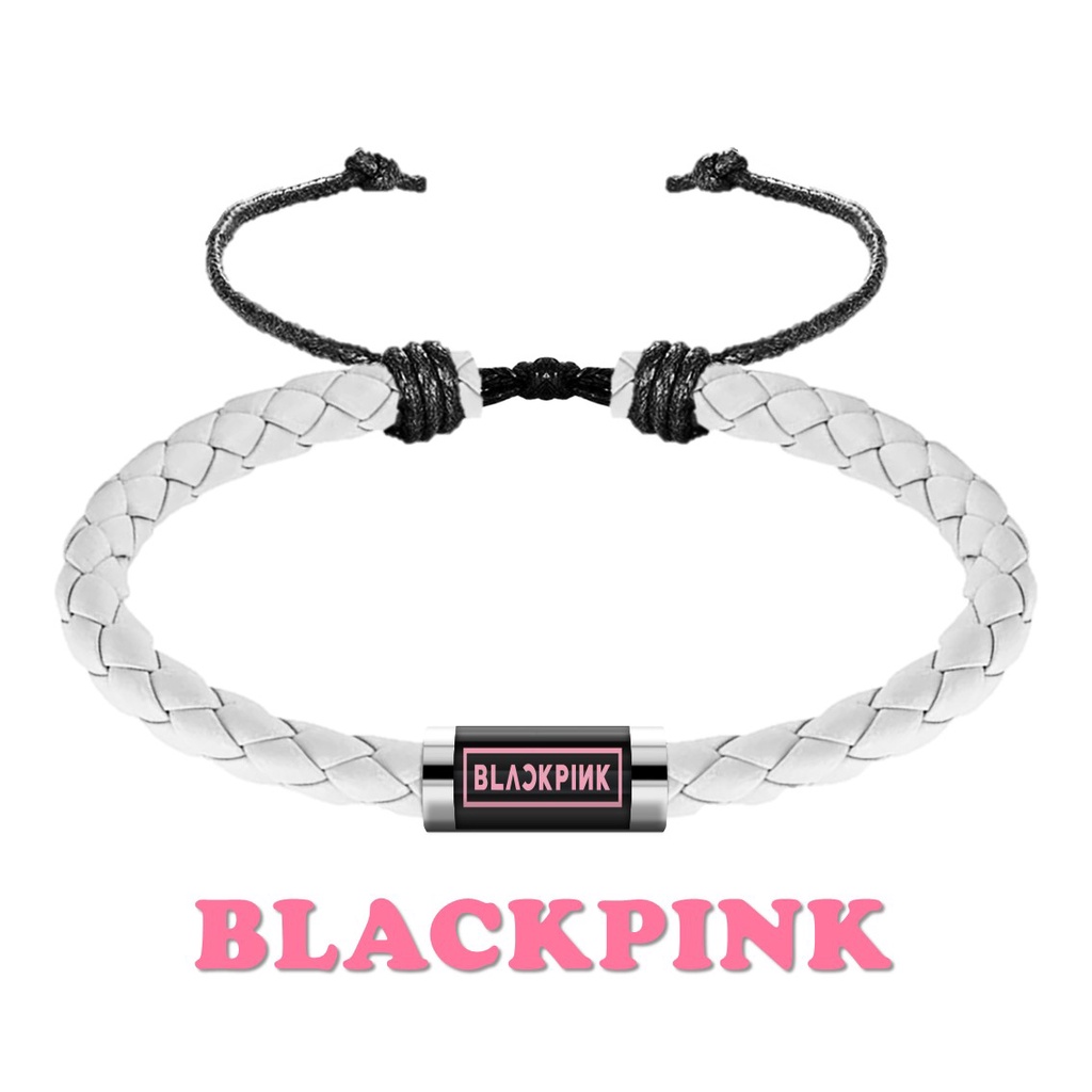 White Edition - Gelang Simple Kulit Logo Band KPOP Korea Bisa Custom Nama Gambar Bahan Tali Kulit Putih Kepang Tabung Stainless Steel BTS EXO BLACKPINK TWICE NCT SEVENTEEN