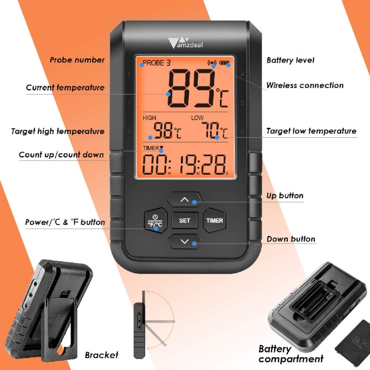 919 AMZDEAL Smart Digital BBQ Cooking Thermometer With 6 Probes Monitor