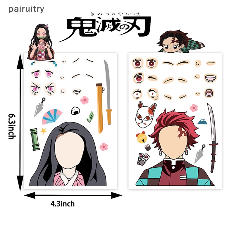 Prt 8PCS Anak DIY Puzzle Stiker Demon Slayer Wajah Lucu Merakit Anime Kreatif Tahan Air Stiker Mainan Anak Cowok Cewek Hadiah PRT