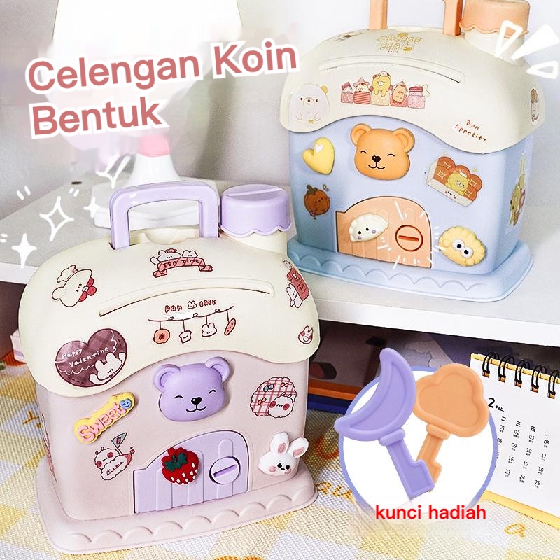 【Gratis Stiker】Celengan berbentuk rumah jamur dengan pengunci berkapasitas besar untuk melatih kebiasaan anak dalam menabung