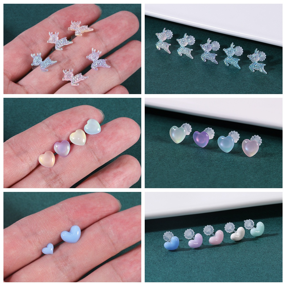 6-10 Pcs Invisible Resin Bow Tie Stud Earrings Set Bunga Mencegah Alergi Tulang Rawan Anting Bulan Bintang Beruang Kecil Telinga Studs