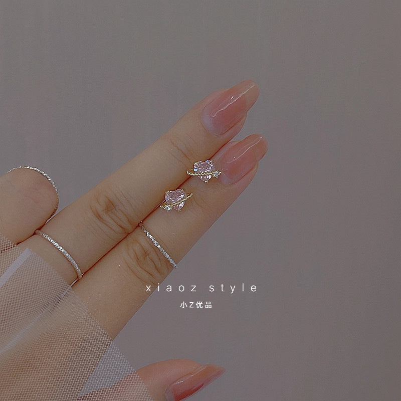 Pink Zircon Stud Earrings Ins Cinta Sederhana Telinga Tulang Stud Earrings Gadis Hadiah Musim Panas