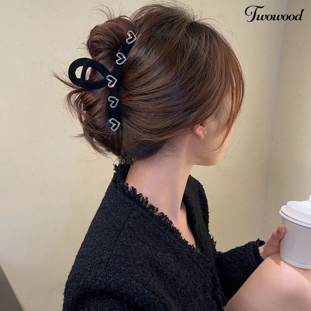 Twowood Hair Grip Elastis Anti-slip Dengan Gigi Bentuk Hati Berlian Imitasi Mengkilap Hias Gaya Manis Berongga Keluar Lady Hair Claw Rambut Styling Aksesoris