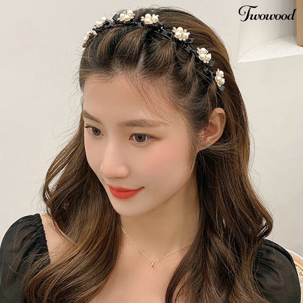 Twowood Bersinar Berlian Imitasi Mutiara Imitasi Dekorasi Bunga Wanita Headband Non-slip Elastis Double Layer Poni Klip Rambut Hoop Aksesoris Rambut