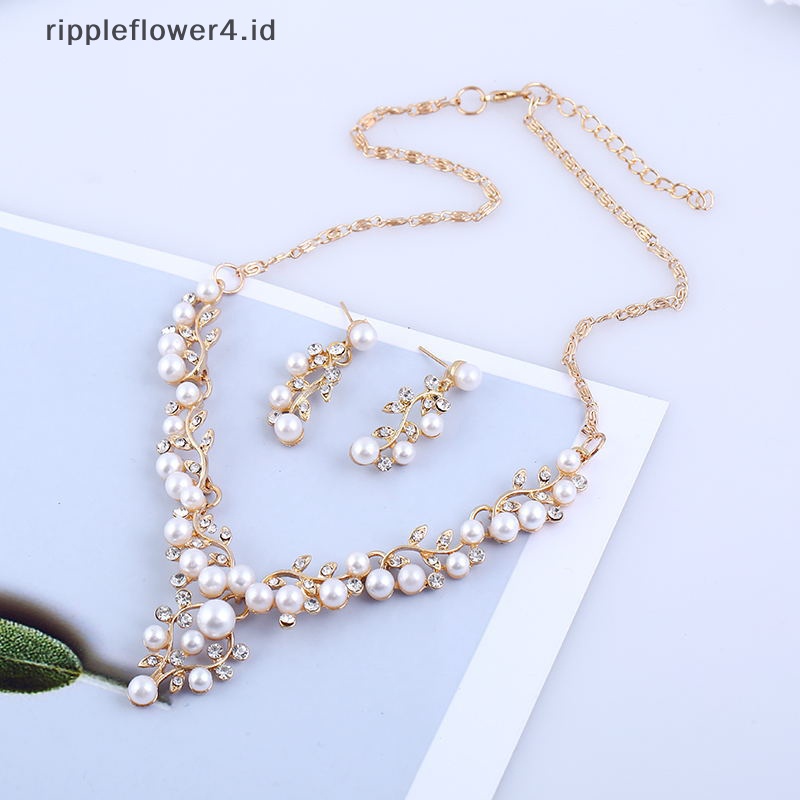 {rippleflower4.id} Set Perhiasan Kalung Anting Mutiara Imitasi Pengantin Elegan~