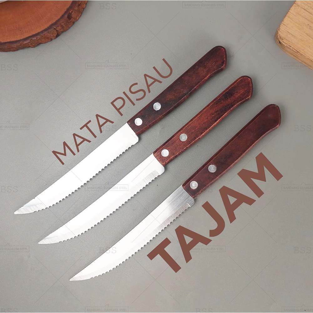 3pcs Pisau Garpu Set Steak Stainless Steel Alat Makan BBQ Handle Kayu Asli Cafe Resto Multifungsi