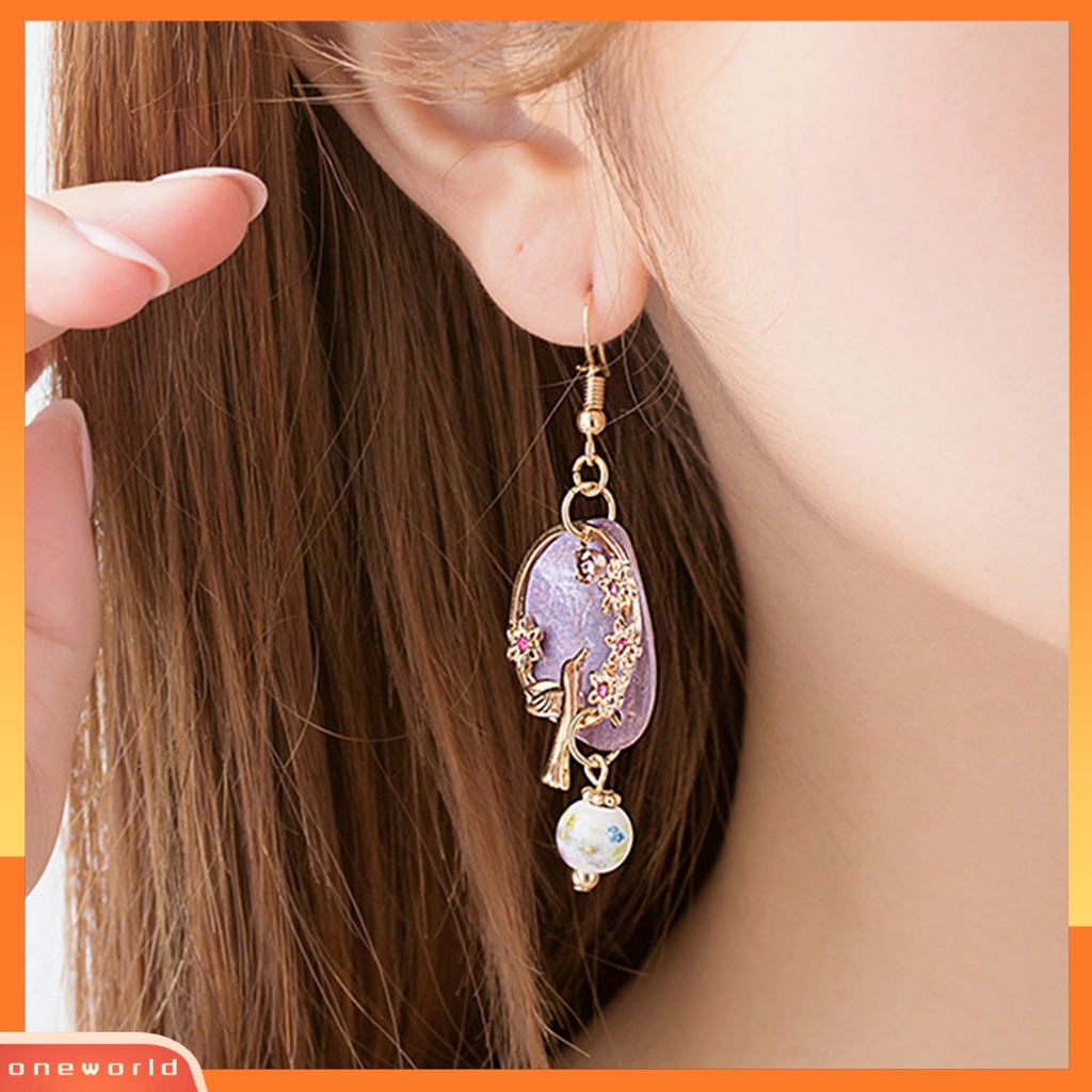[WOD] 1pasang Anting Menjuntai Pengerjaan Halus Motif Bunga Burung Kreatif Embos Ungu Wanita Earring Clip Untuk Pesta