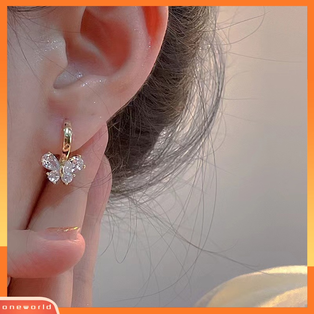 [WOD] 1pasang Anting Hoop Shiny Cubic Zirconia Temperamen Geometris Electroplating Hias Hadiah Wanita Kupu-Kupu Liontin Anting Perhiasan Fashion Untuk Perjamuan