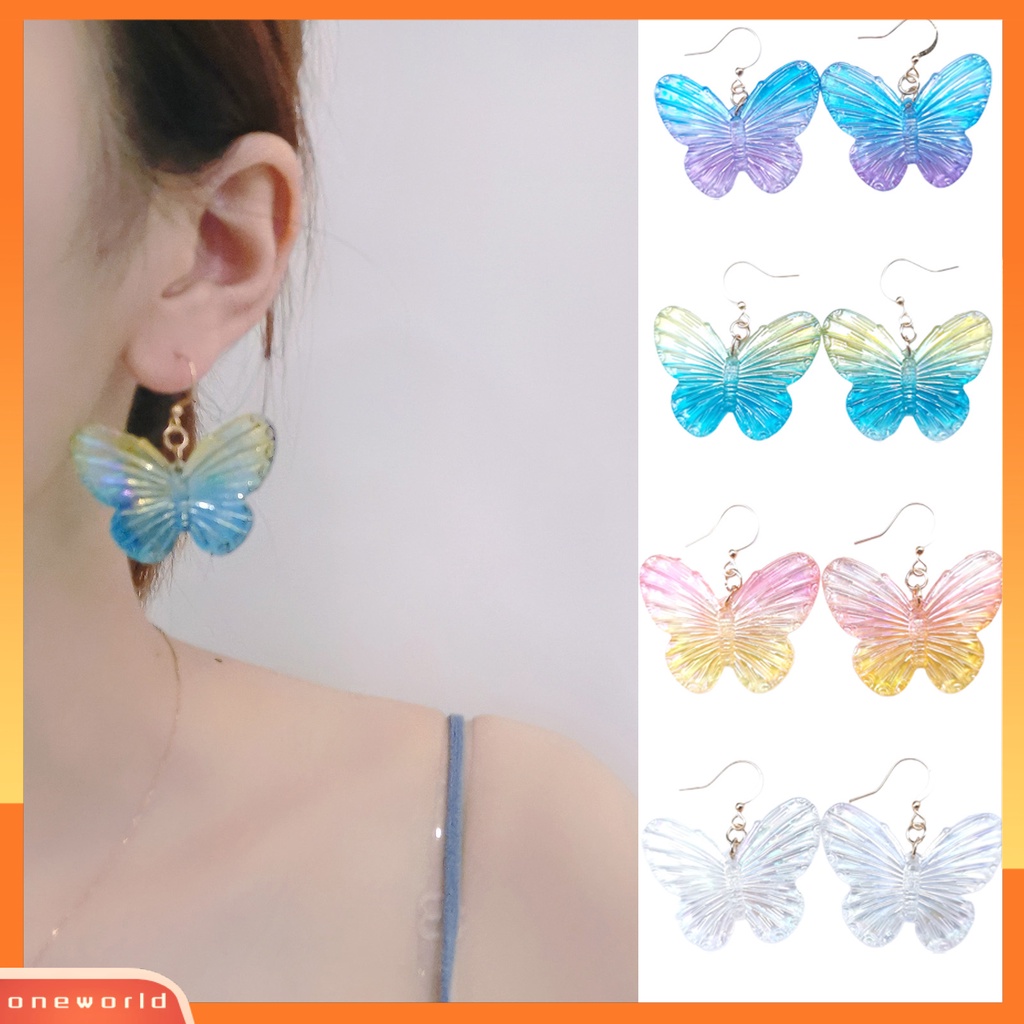 [WOD] 1pasang Tindik Warna Gradien Gadis Anting Akrilik Transparan Kupu-Kupu Drop Hook Earrings Perhiasan Aksesoris