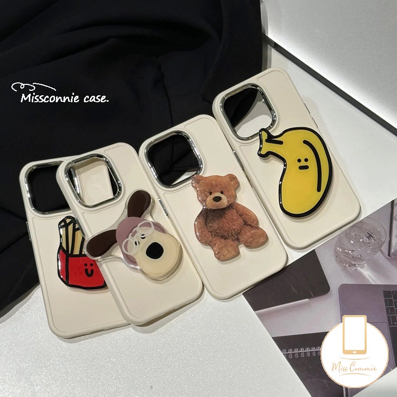 IPHONE Case Bingkai Lensa Logam Plating Warna Solid Sederhana Kompatibel Untuk Iphone7 8 Plus11 14 12 13 Pro MAX X XR XS MAX Soft Cover Dengan Beruang Lucu Puppy Pisang Kentang Goreng Bracket Aksesoris