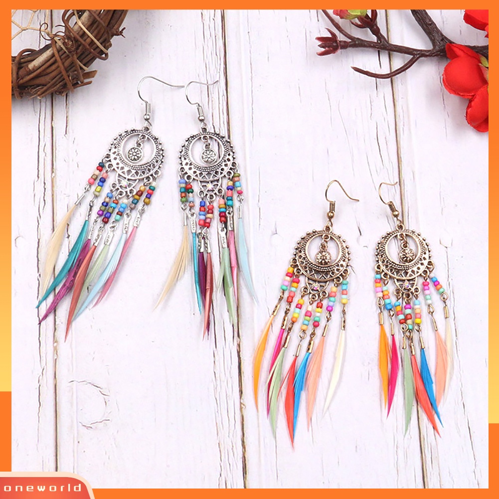 [WOD] Boho Wanita Berongga Ukir Lingkaran Bulu Rumbai Menjuntai Kait Anting Perhiasan