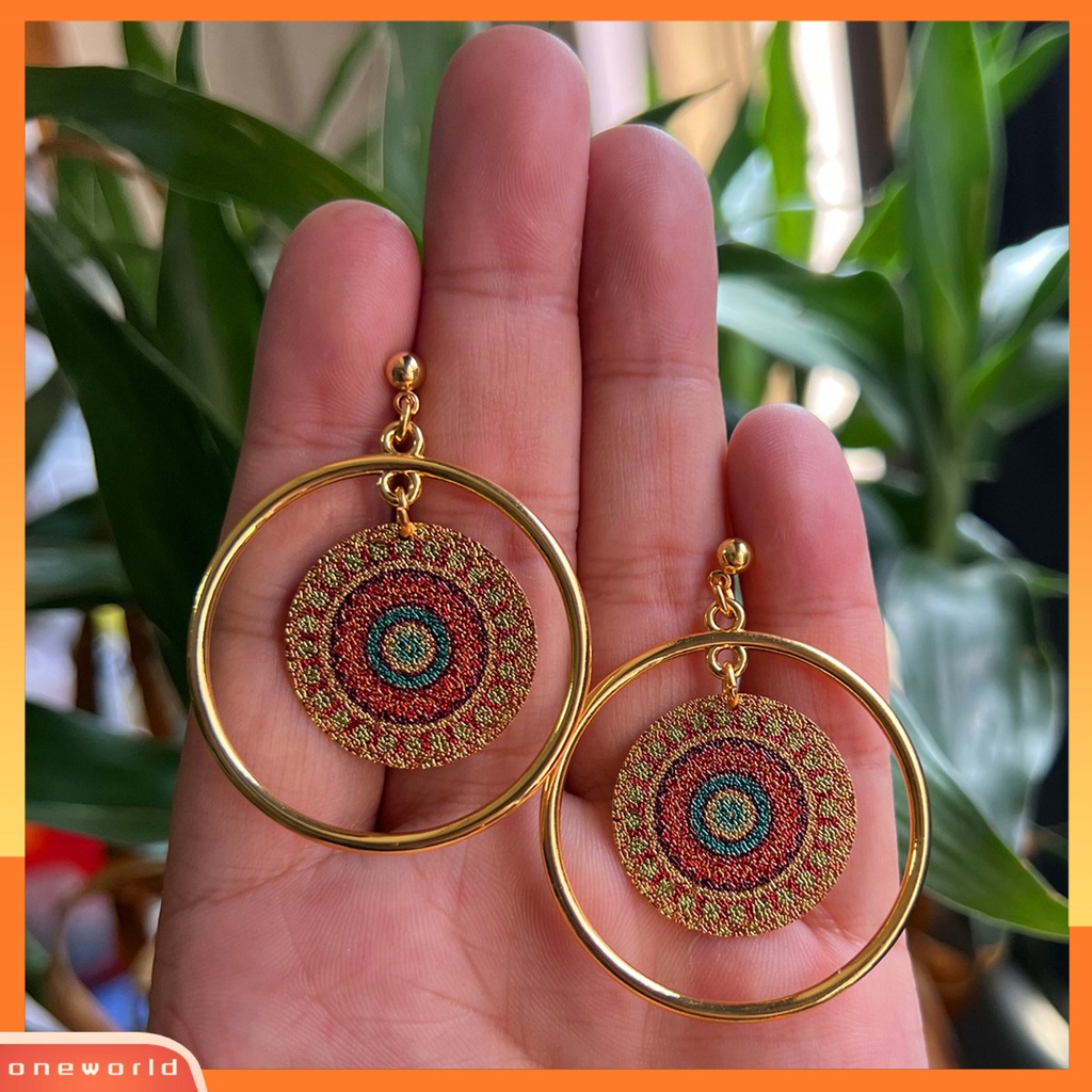 [WOD] 1pasang Anting Wanita Geometris Pola Vintage Perhiasan Electroplating Round Drop Earrings Hadiah Ulang Tahun