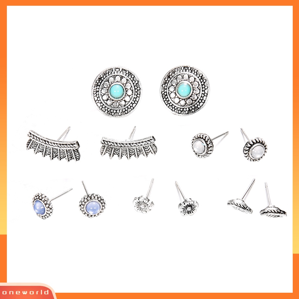 [WOD] 6pasang /Set Retro Bulat Bulu Bunga Manik Stud Anting Wanita Boho Perhiasan Hadiah