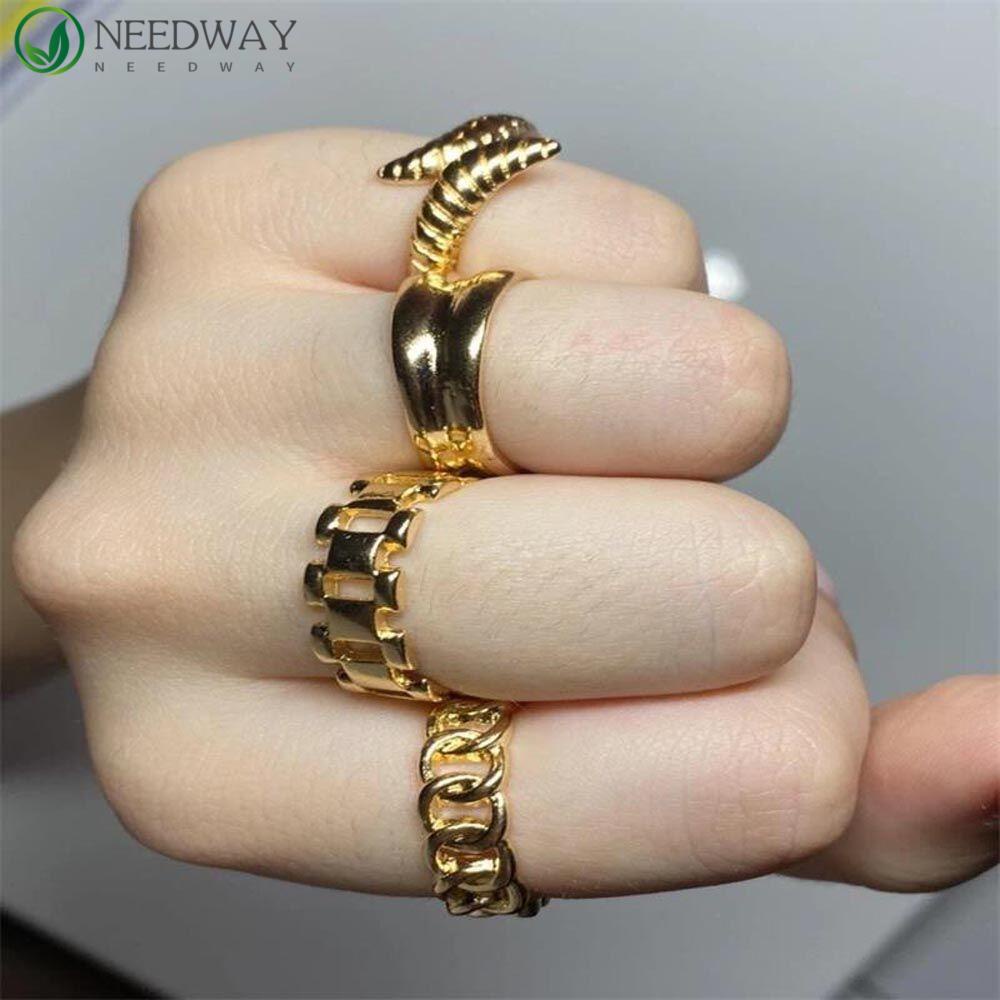 Needway Wanita Pembukaan Cincin Trendi Elegan Tidak Teratur Geometris Kepribadian Temperamen Rantai