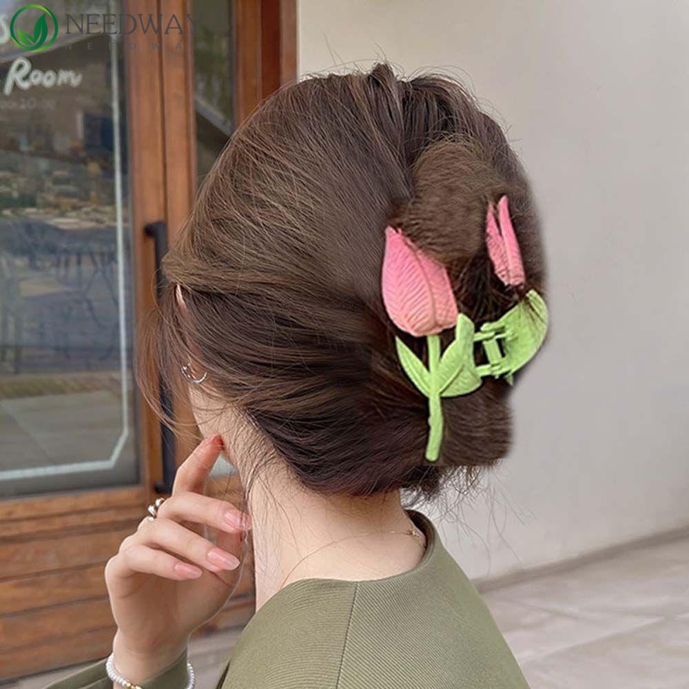 Needway Tulip Hair Claw Sweet Simple French Geometric Hair Claw Gadis Hijau Aksesoris Rambut Wanita