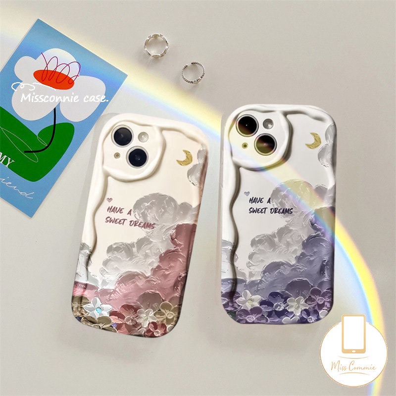 IPHONE 3d Wavy Curved Edge Soft Tpu Floral Phone Case Kompatibel Untuk Iphone11 14 13 12 Pro Max 7Plus XR X XS Max 8Plus 6 7 8 6s Plus SE 2020 Fashion Lukisan Cat Minyak Flowers Cover