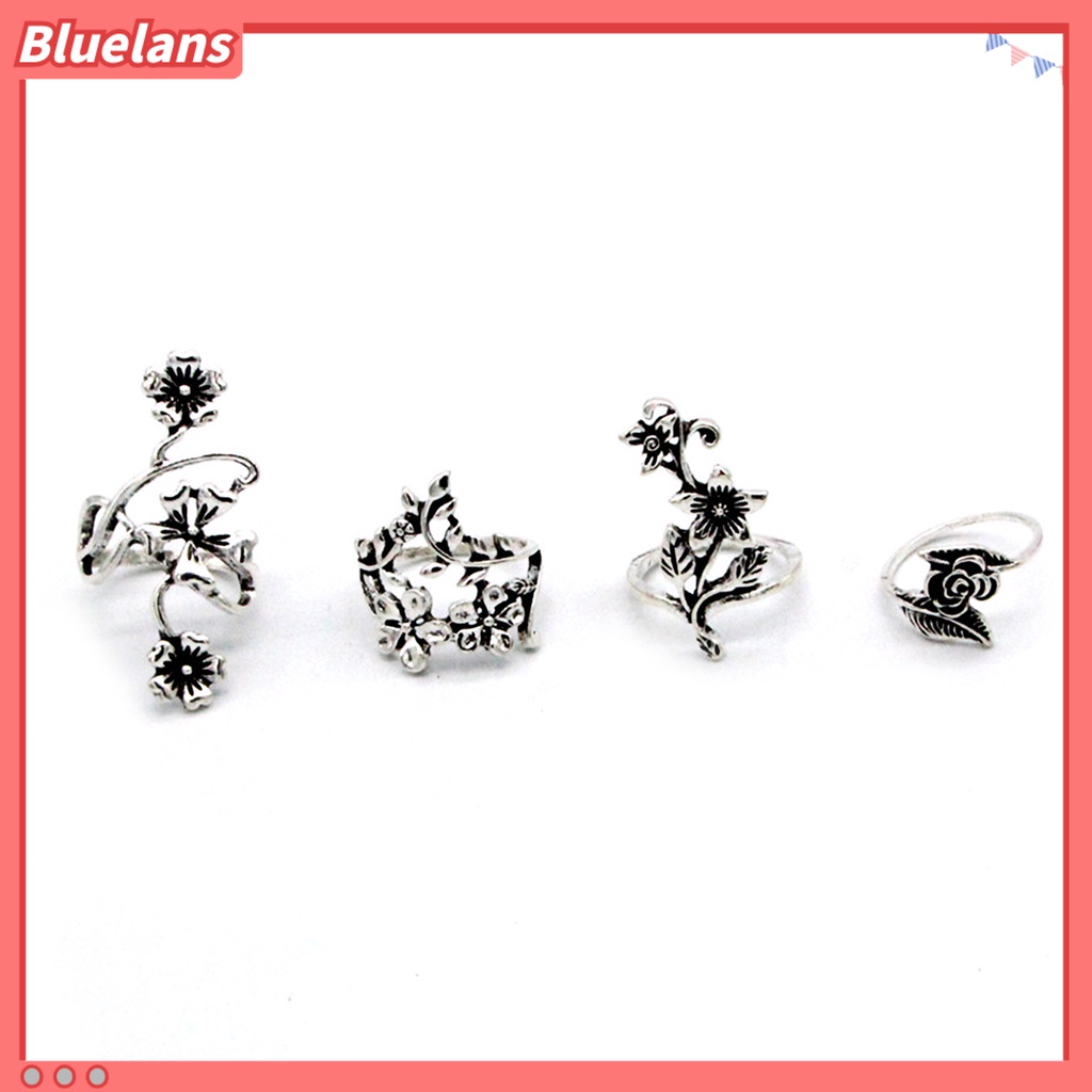 [BLS] 4pcs/set Sederhana Gaya Cina Klasik Knuckle Rings Berongga Diukir Bunga Tumpuk Rings Perhiasan Aksesori