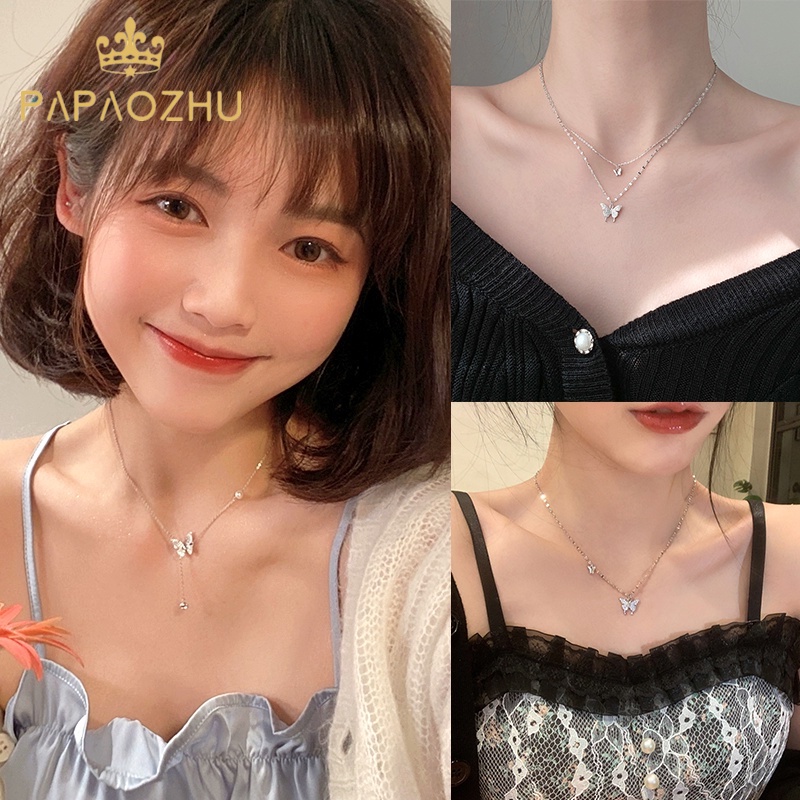 Papaozhu Elegan Berkilau Zirkon Kupu-Kupu Rumbai Mutiara Liontin Kalung Untuk Wanita Gadis Bergaya Bersinar Kristal Kalung Chic Perhiasan Leher