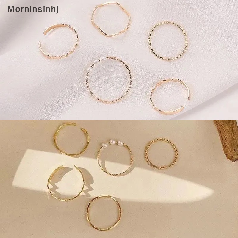 Mornin 5PCS Set Cincin Jari Kombinasi Bentuk Bergelombang Mutiara Sederhana Gaya Korea Pembukaan Adjustable Rings Untuk Wanita Punk Fashion Jewelry id