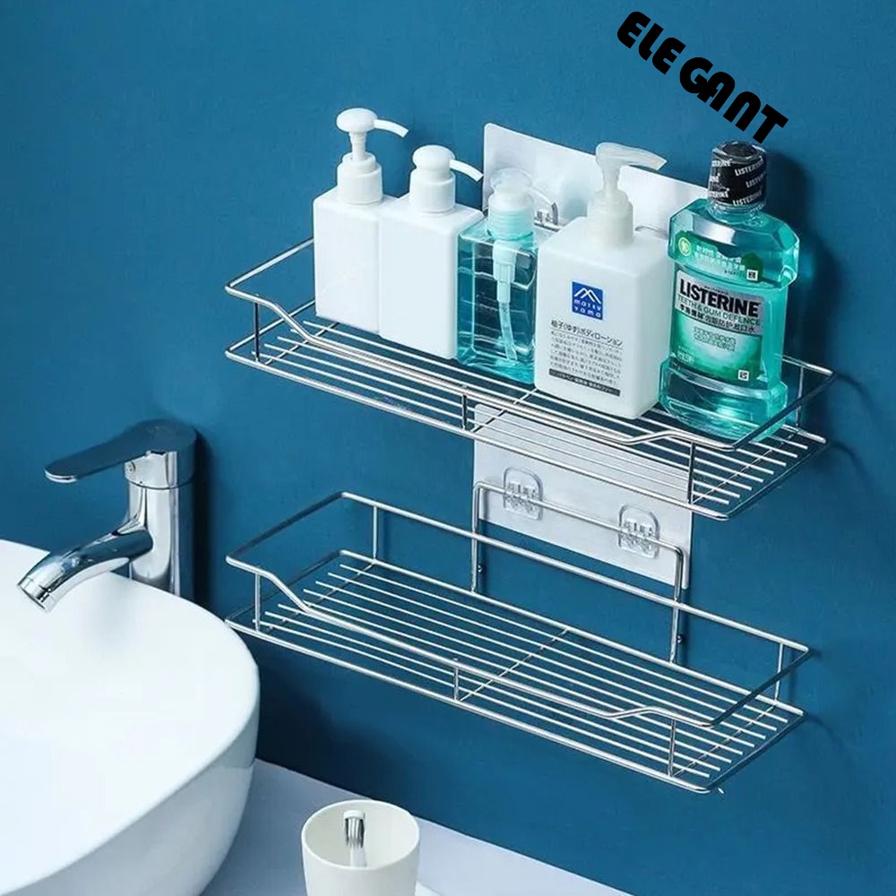 [Elegan] Rak Penyimpanan Stainless Steel Dapur Multifungsi Dengan Stiker Bebas Pukulan Self Adhesive Organizer Keranjang