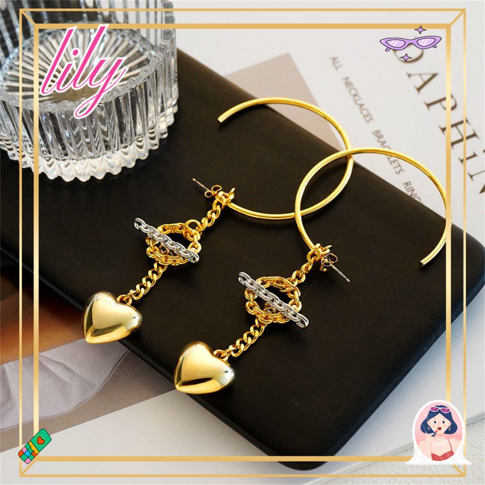 Lily Hoop Earrings Fashion Berlebihan Desain Dilepas Berbentuk C Perhiasan Dua Warna Liontin Hati