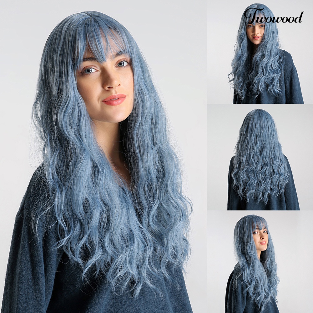 Twowood Serat Suhu Tinggi Biru Panjang Keriting Bang Wig Wanita Cosplay Pesta Sopak