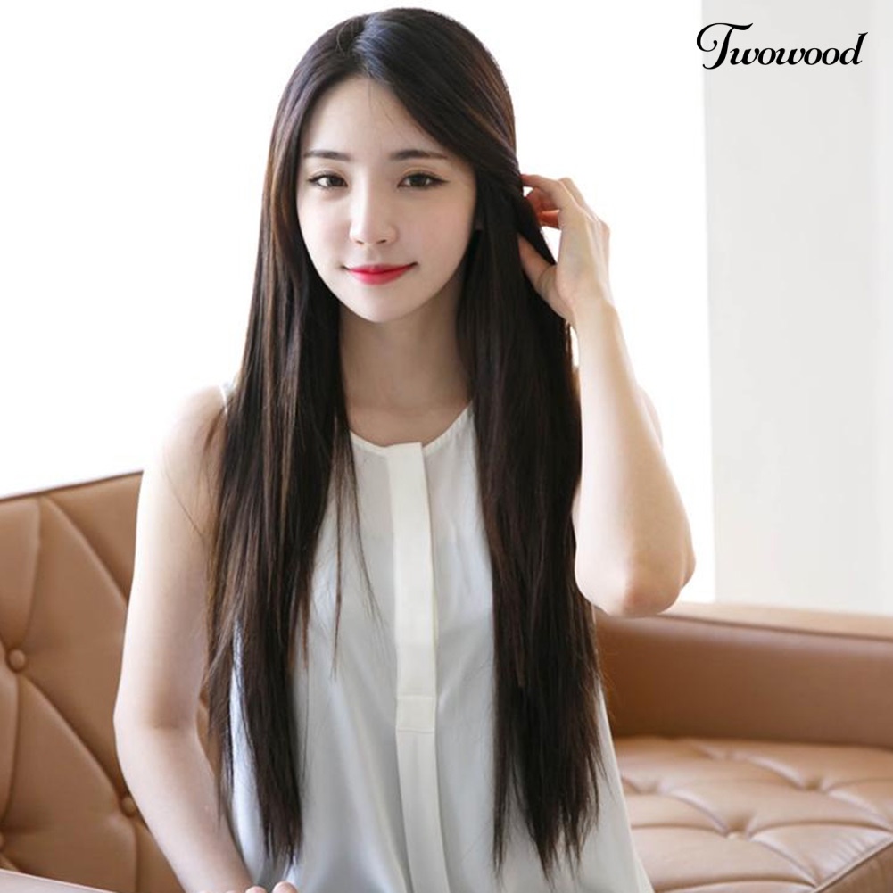 Twowood 26inch Fashion Wanita Hitam Panjang Lurus Wig Ada Poni Rambut Ekstensi Sopak