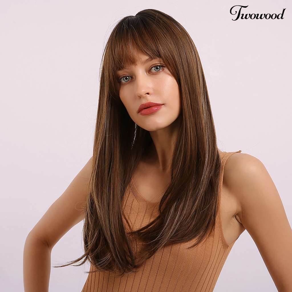 Twowood Wanita Fashion Rapi Poni Panjang Lurus Full Wig Cosplay Pesta Club Hair Decor