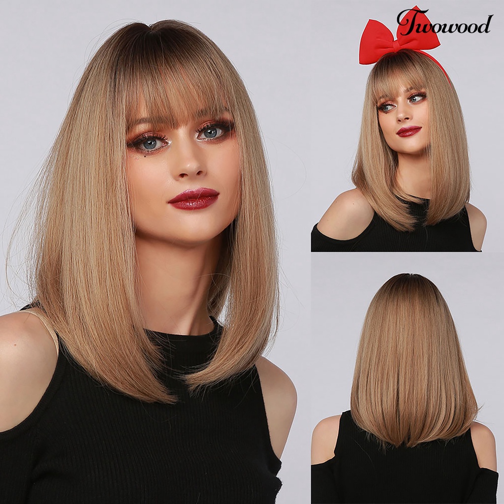 Twowood Wanita Wig Lurus Efek Gradasi Ramah Kulit Natal Poni Tengah Panjang Sopak Untuk Perempuan