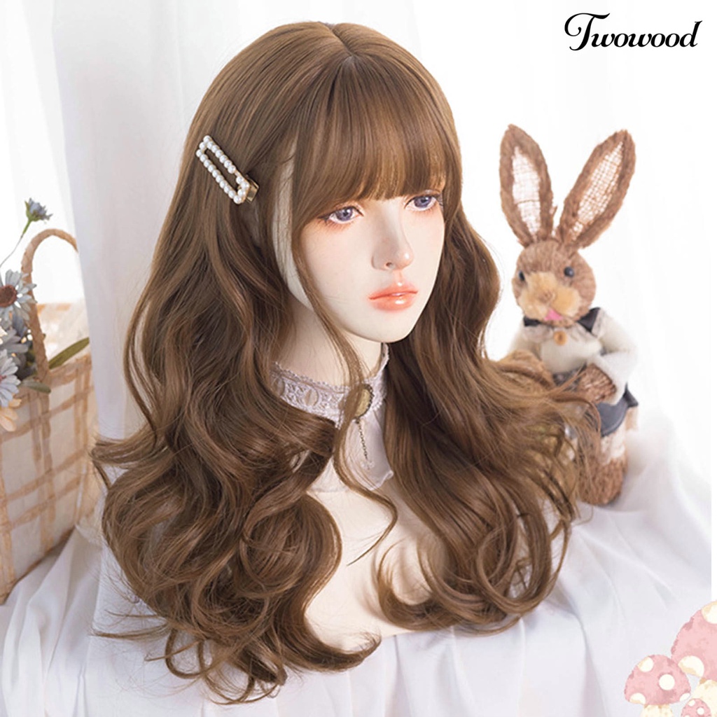 Twowood 1set Wig Wanita No Perm Berbulu Tidak Jatuh Halus Styling Rambut Cakupan Penuh Mid Length Rambut Keriting Wig Dengan Poni Digunakan Wanita