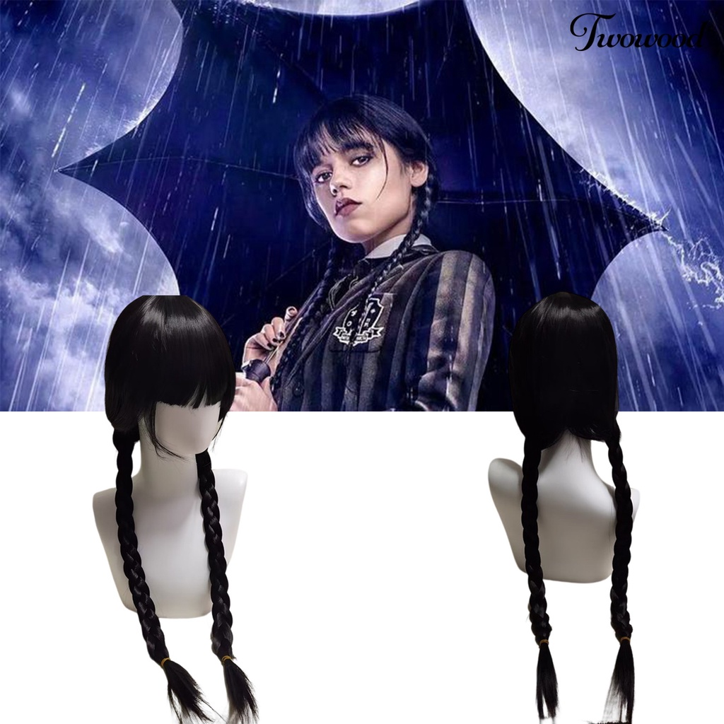 Twowood Serat Suhu Tinggi Dikepang Halus Wig Dengan Poni Film Rabu Addams Cosplay Wanita Wig Alat Styling Rambut