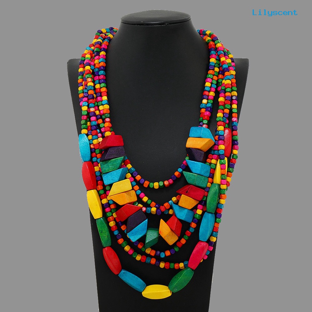 [LS]Pesta Kalung Berlebihan Vintage Multilayer Buatan Tangan Manik-Manik Warna-Warni Berdandan Fashion Item Etnik Rumbai Kayu Manik-Manik Bib Kalung Pesta Liburan Perhiasan