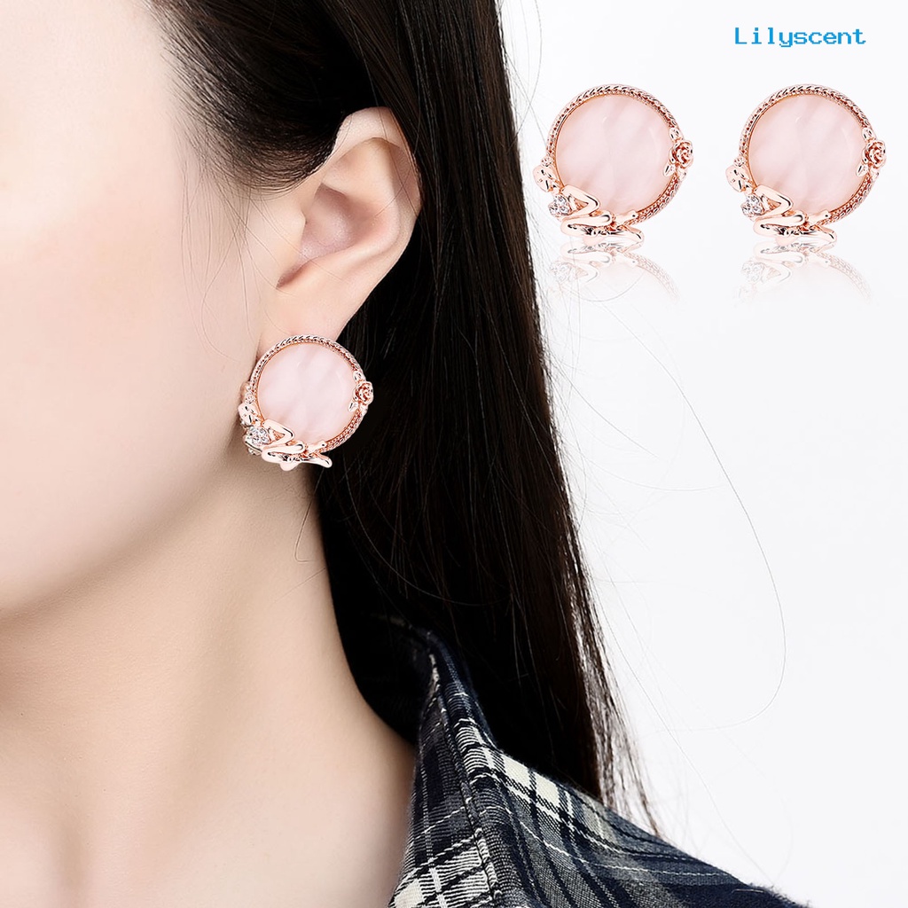 [LS]1 Set Kalung Anting Set High Gloss Bulat Opal Electroplating Kristal Imitasi Dress Up Stud Anting Liontin Kalung Set Perhiasan Aksesori