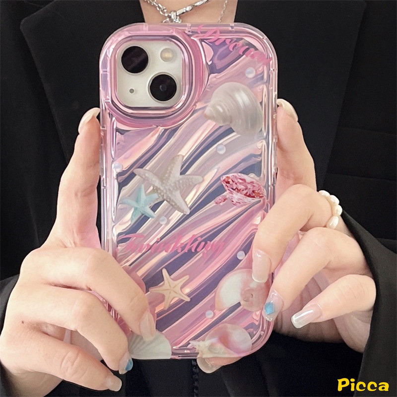 IPHONE Fantasy Case Kartu Aser Huruf Cinta Bintang Laut Shell Mutiara Kompatibel Untuk Iphone7 8 6 6S Plus XR 11 13 14 12 Pro MAX X XS MAX SE 2020mewah Dazzle Color 3D Stereo Corrugation Case