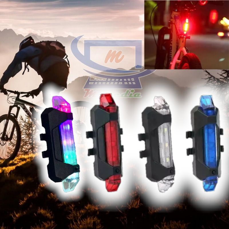 Lampu LED Sepeda Gowes ReChargeable Cas USB Depan Belakang Anti Air Warna Warni Merah Biru Putih
